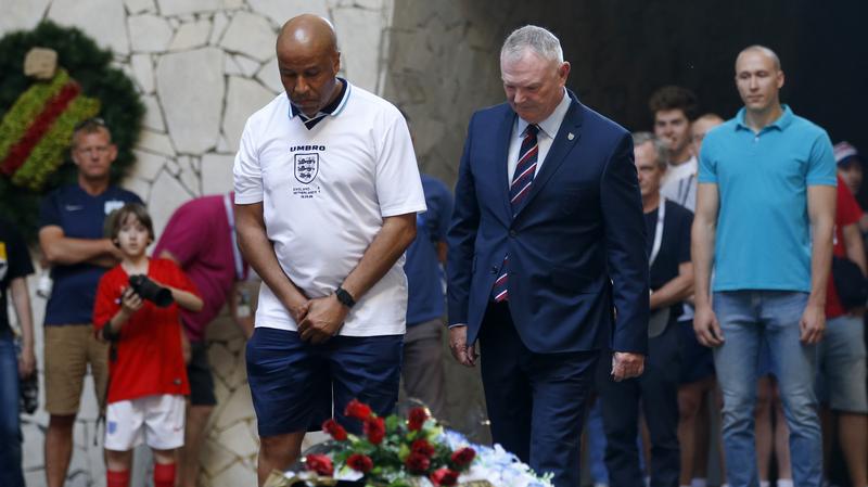 Fans lay wreath in Volgograd ahead of England’s World Cup clash